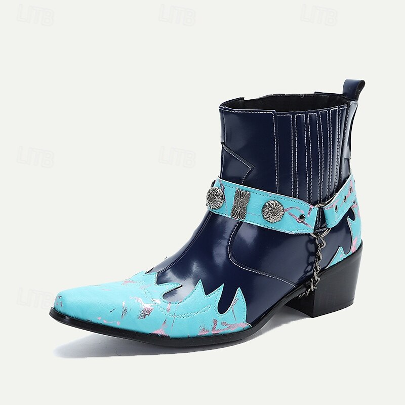 Men's Blue and Turquoise Leather Motorcycle Boots – Western Style Ankle Boots with Silver Buckle Detailing for Bold Fashion2