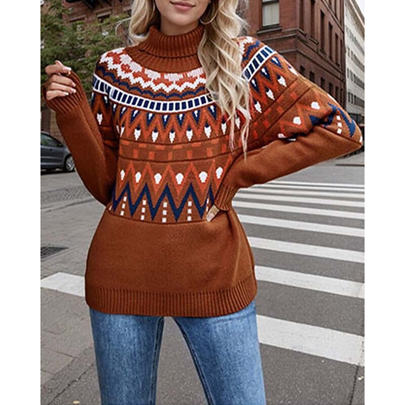 Women's Faire Isle Sweater Turtleneck Knit Knitted Fall Winter Weekend Vintage Fashion Streetwear Long Sleeve Geometric Black White2