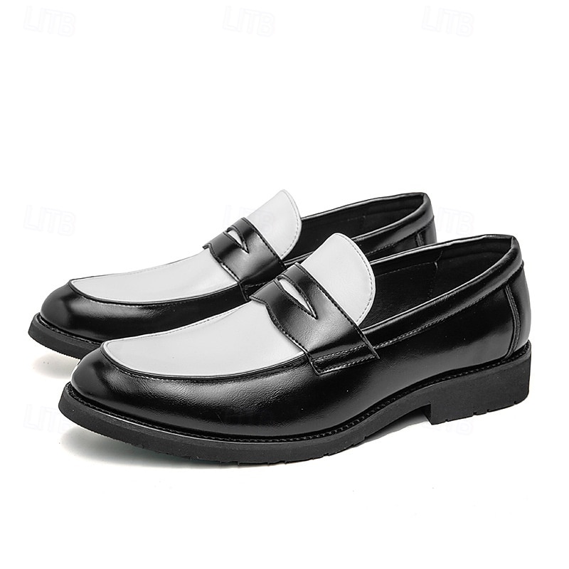 Men's Two-Tone Faux Leather Slip-On Loafers – Black and White Penny Dress Shoes for Prom, Business Party, Gatsby Nightlife, Vintage 1950s Swing Look3