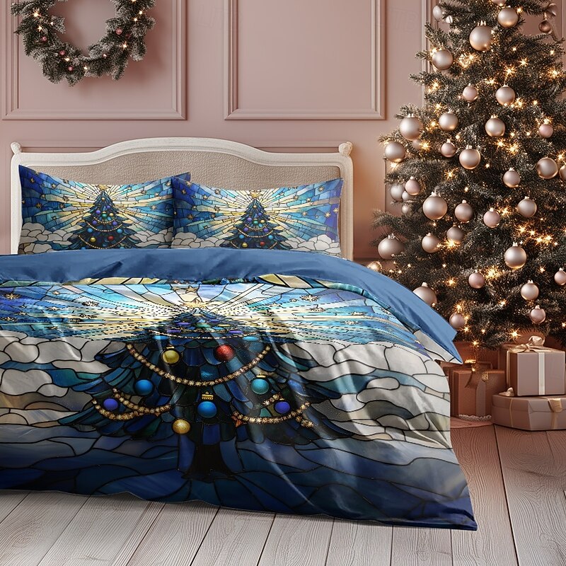 Christmas Snow Scenery  100% Cotton Christmas Comforter Set Full  3-Piece Holiday Duvet Cover for Kids - Soft & Cozy