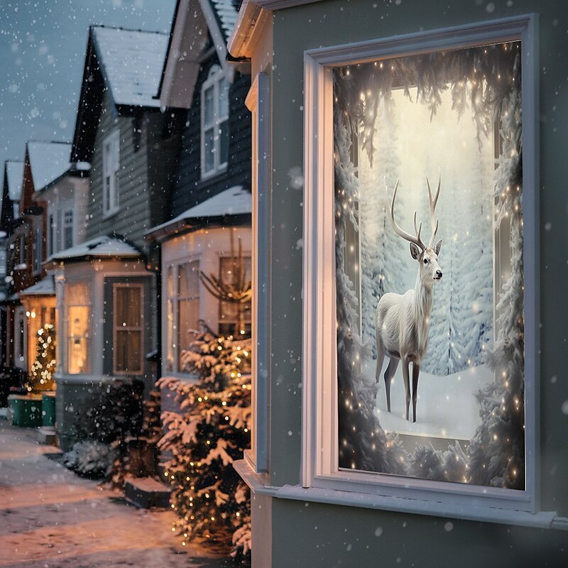 Christmas Window Cover Decorations, Fabric Reindeer Snow Gift Festive Curtain Movie Poster Window Door Covering Decor for Farmhouse House, Happy Christmas Window Clings Decals Indoor Outdoor4