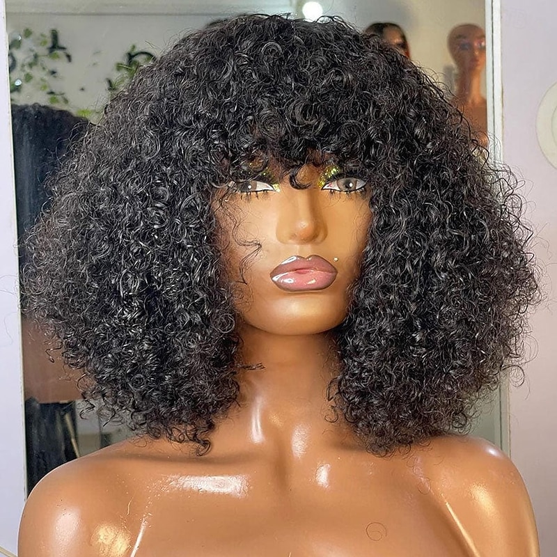 Remy Human Hair Wig Medium Length Loose Wave With Bangs Natural Color Natural Black Machine Made Vietnamese Hair Women's Black 10 inch 12 inch 14 inch Valentine's Day Daily Wear Birthday4