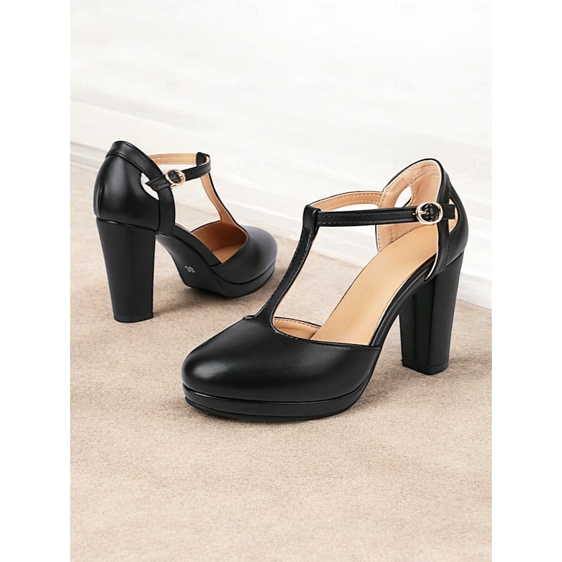Women's Black T-Strap Platform Heels with Chunky Block Heel – Elegant Closed-Toe Pumps for Formal Events and Parties2