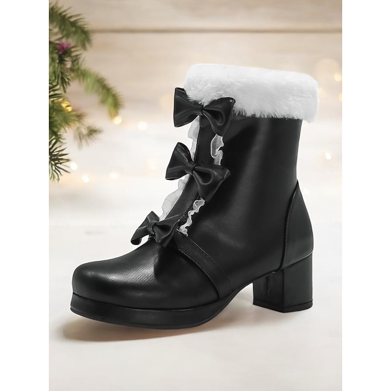 Women's Brown Ankle Boots with Fur Trim and Bow Details - Cozy and Stylish Footwear for Winter and Holiday Events3