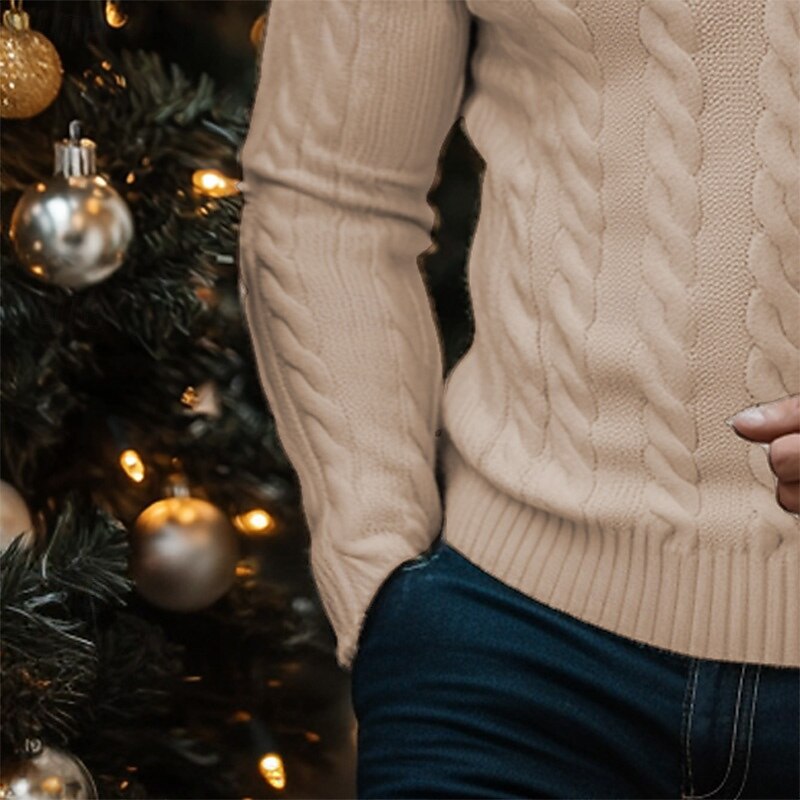 Men's Sweater Cable Knit Knit Cable Solid Color Standing Collar Elegant Vintage Formal Home Clothing Apparel Bishop Sleeve Fall Winter Black Green S M L3