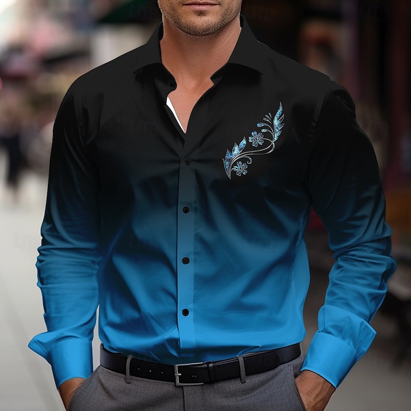 Men's Dress Shirt Button Up Shirt Floral Street Business Black Red Blue Purple Long Sleeve Shirt Collar Fall Winter Clothing Apparel Button Up