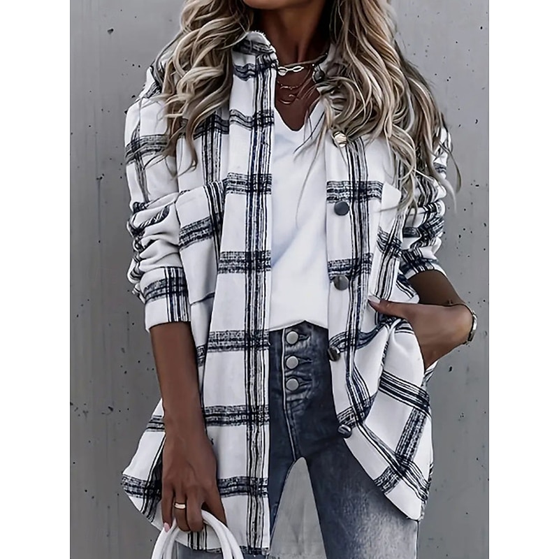 Women's Casual Jacket Outdoor Street Daily Wear Fall Winter Regular Coat Regular Fit Thermal Warm Breathable Stylish Casual Jacket Long Sleeve Stripes and Plaid with Pockets Print White
