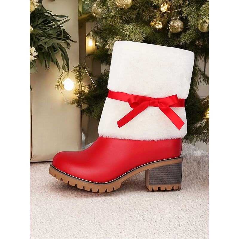 Women's Christmas Santa Boots with Faux Fur Trim and Red Bow – Festive Holiday Footwear for Winter Parties4