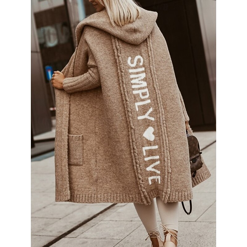 Women's Sweater Cardigan Casual Soft Letter Ribbed V Neck Pocket Knitted Long Sleeve Long Tops Knit Outdoor Daily Weekend White Camel Fall Winter4