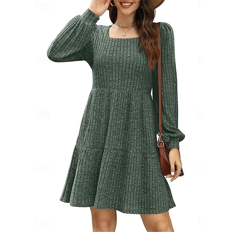 Women's Sweater Dress Casual Soft Pure Color Ribbed Square Neck Pocket Knitted Long Sleeve Long Tops Knit Outdoor Daily Weekend Brown Green Fall Winter4