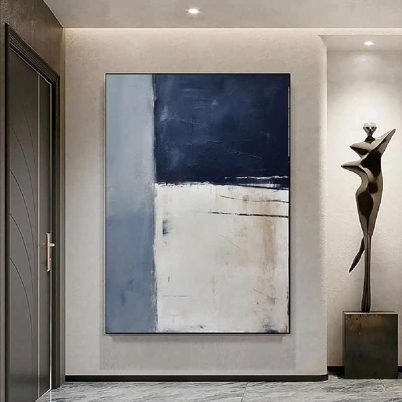 Handpainted White Blue Textured Painting Oversized 3D handmade Abstract Geometric Wall Art painting Large Minimalist black white textured Painting for Living Room bedroom Wall Decor Abstract Art3