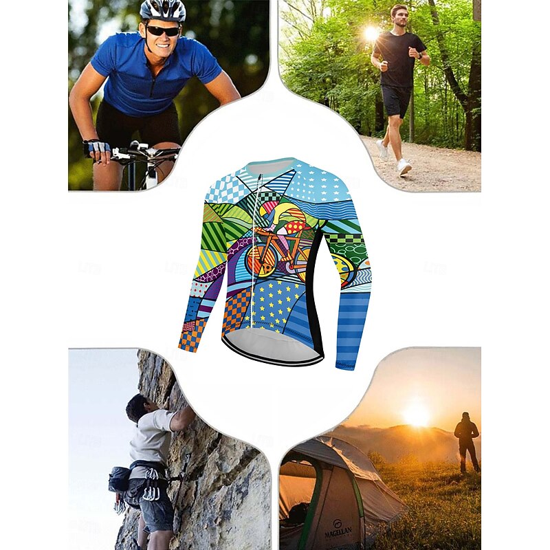 Men's Cycling Jersey Geometic Long Sleeve Bike Top with 3 Rear Pockets Mountain Bike MTB Road Bike Cycling Anti-slip Strap Quick Dry Reflective Strips Back Pocket Sports Blue Clothing Apparel3