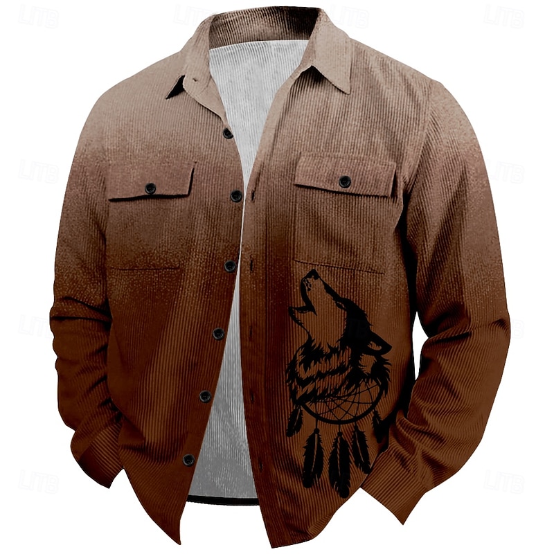 Christmas Men's Wolf Corduroy Shirt Shirt Jacket Overshirt Long Sleeve Vintage Tribal Outdoor Dailywear Fall & Winter Turndown Collared Shirts Buttons 3D Print 2 Pockets 1pc Black Grey Army Green Red2