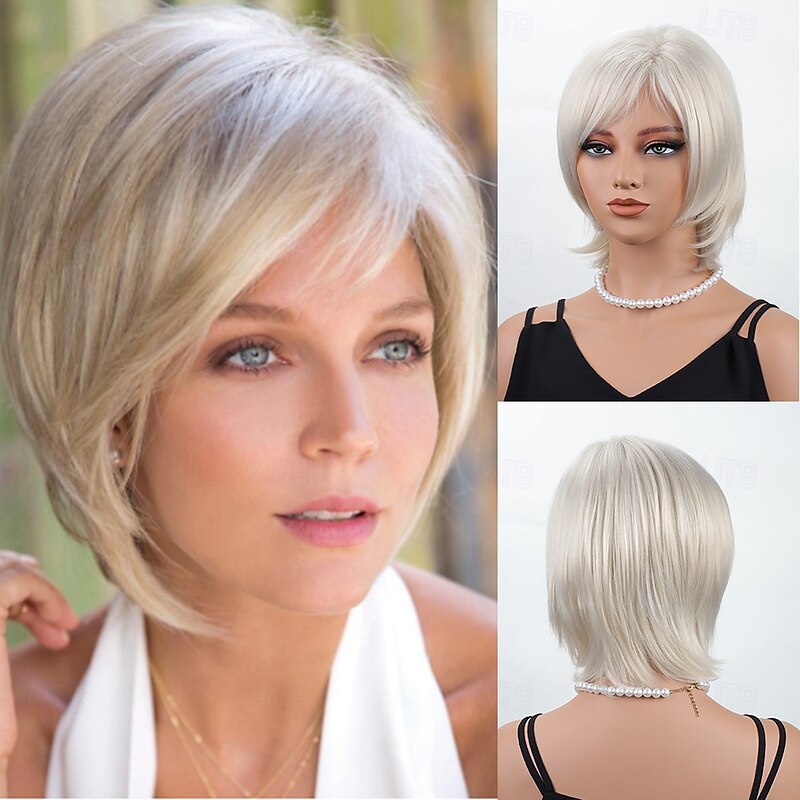 Short Blonde Wigs for Women Bob Wig Natural Straight Wig Side Part Hair for Daily Party Cosplay3