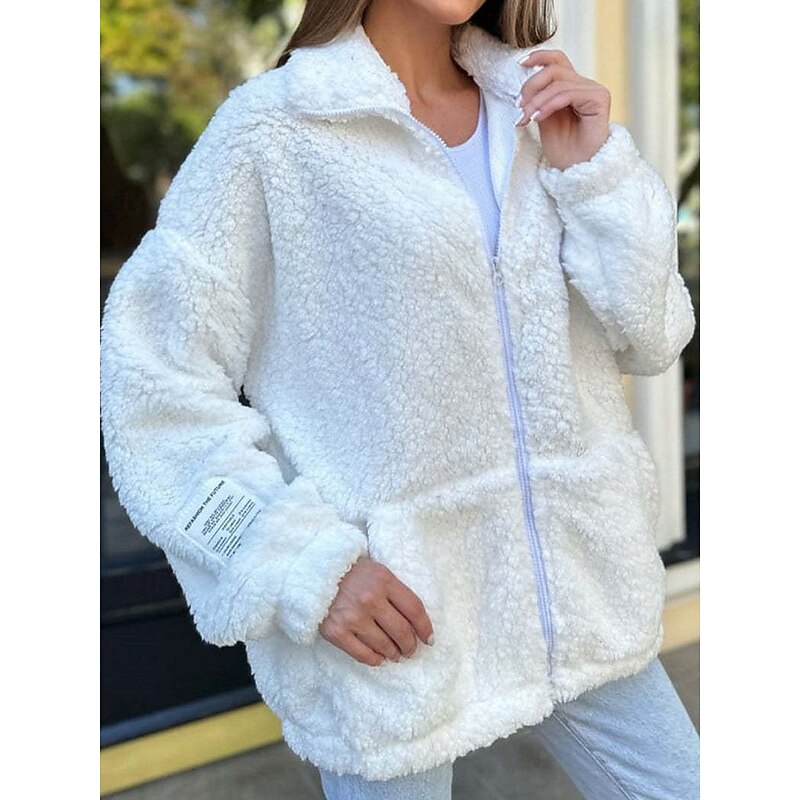 Women's Fleece Jacket Teddy Coat Warm Breathable Zipper Pocket Fleece Lined Casual Plain Vacation Street Daily Wear Going out Zipper Regular Stand Collar Regular Fit Long Sleeve Outerwear White Pink2