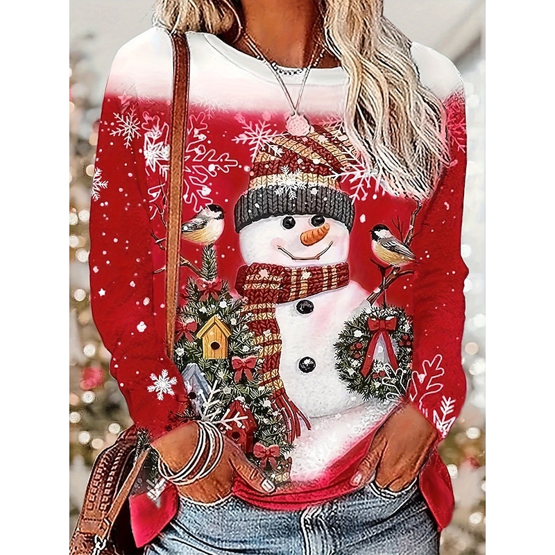 Women's T shirt Long Sleeve Crew Neck Long Sleeve Tunic Snowman Bird Print Holiday Casual Top Red White Snowflake Winter Comfort Soft Fit Festive Season Apparel Sizes Available Prefall