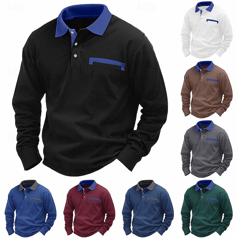 Men's Waffle Polo Shirts Polo Shirts Formal Business Lapel Classic Long Sleeve Fashion Basic Solid Color Patchwork Buttons Spring &  Fall Regular Fit Black White Burgundy Navy Blue Royal Blue Dark