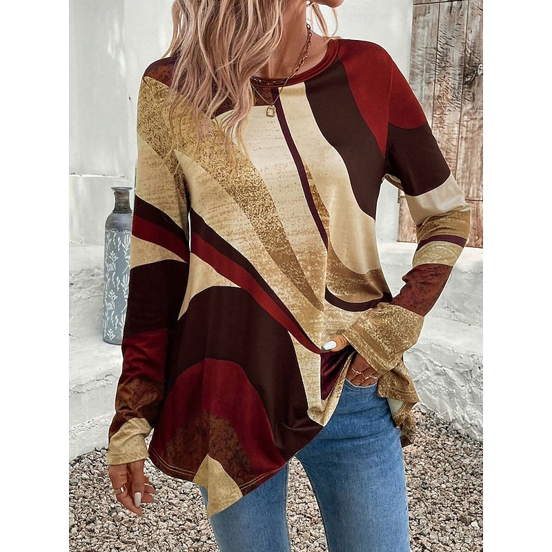 Women's Tunic T Shirt Geometric Casual Long Sleeve Crew Neck Regular Tops Daily Print Asymmetrical Brown Spring &  Fall