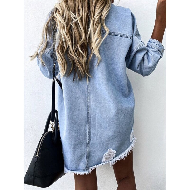 Women's Denim Jacket Outdoor Street Daily Wear Fall Winter Regular Coat Regular Fit Thermal Warm Breathable Stylish Casual Jacket Long Sleeve Solid Color with Pockets Light Blue2