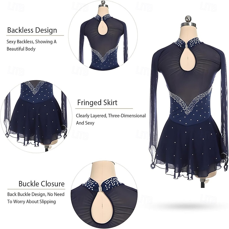 Figure Skating Dress Mesh Rhinestone Turtleneck Long Sleeves Figure Skating Competition Performance Costume2