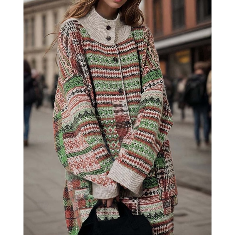 Women's Long Cardigan Collared Knit Pocket Fall Winter Outdoor Cool Stylish Vintage Style Long Sleeve Geometric Striped Green2