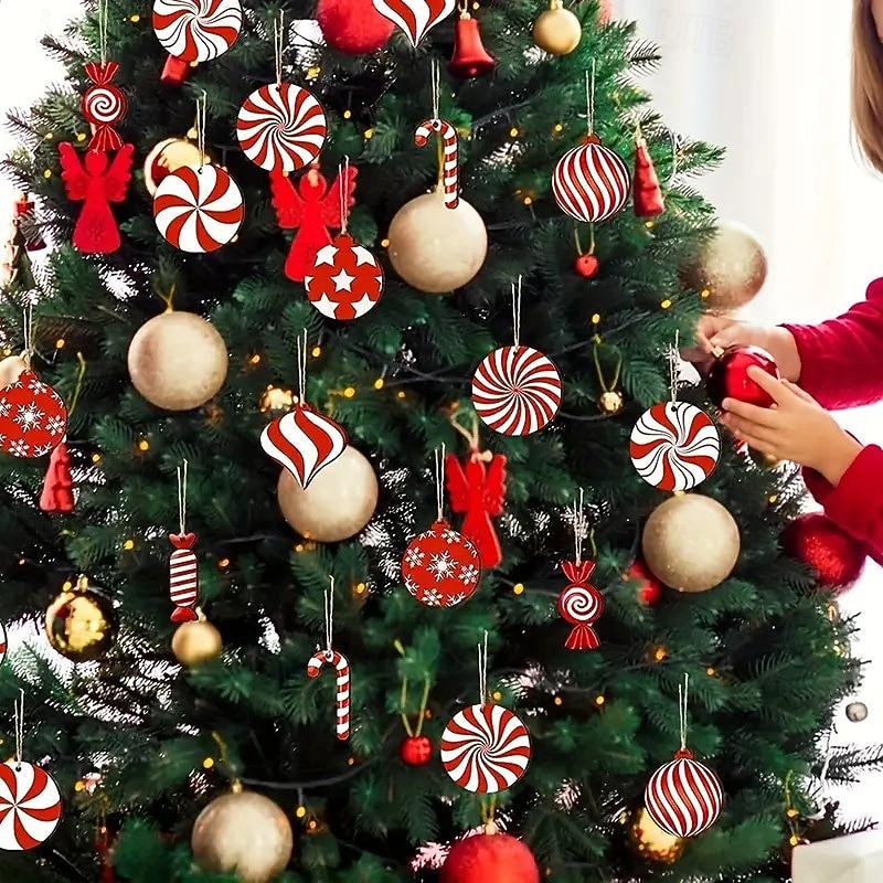 24pcs Christmas Wooden Ornaments, Peppermint Candy Cane Hanging Decorations with Peppermint Design, Perfect for Holiday Tree, Home, and Party Decor4