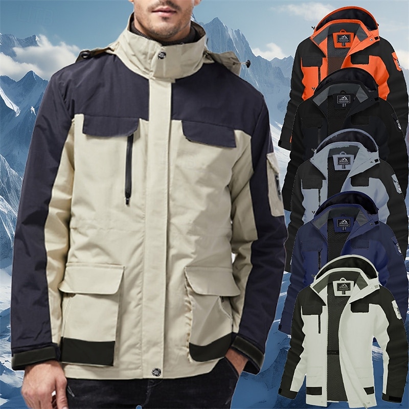 Men's Softshell Jacket Hiking Jacket Outdoor Waterproof Windproof Hiking Outfits Hiking Clothes Spring Autumn / Fall Windbreaker Hunting Ski / Snowboard Climbing Patchwork Dark Grey Black White - Main Image