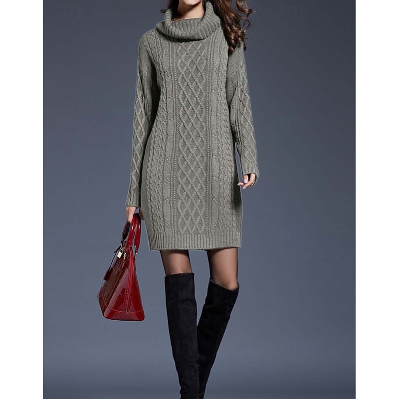 Women's Sweater Dress Casual Soft Pure Color Cable Turtleneck Knitted Long Sleeve Long Tops Knit Outdoor Daily Weekend White Wine Fall Winter3