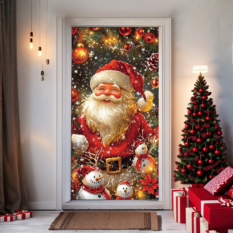 Christmas Door Decorations Door Covers Xmas Santa Snowman Ornaments Door Tapestry Door Curtain Decoration Backdrop Indoor/Outdoor Door Banner for Front Door Farmhouse2