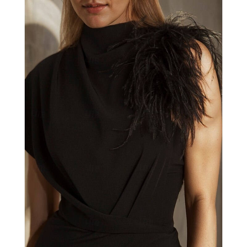 Black Dress Sheath Evening Gown Elegant Dress Formal Floor Length Short Sleeve One Shoulder Pocket Stretch Crepe with Feather3