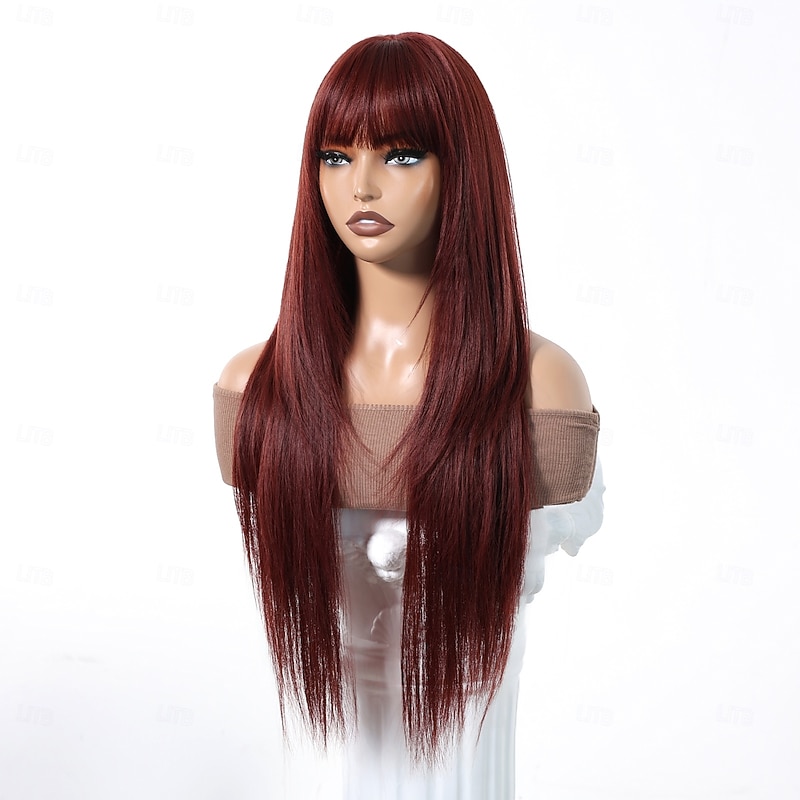Synthetic Wig Uniforms Career Costumes Princess Straight kinky Straight Middle Part Layered Haircut With Bangs Machine Made Wig 30 inch Brown / Burgundy Synthetic Hair Women's Cosplay Party Fashion4