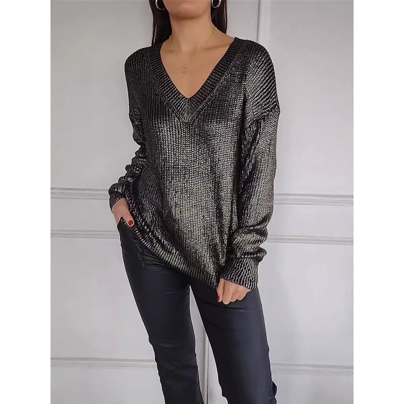 Women's Sweater Pullover Sweater Jumper Casual Soft Pure Color Ribbed V Neck Knitted Long Sleeve Regular Tops Knit Outdoor Daily Weekend Silver Black Fall Winter2