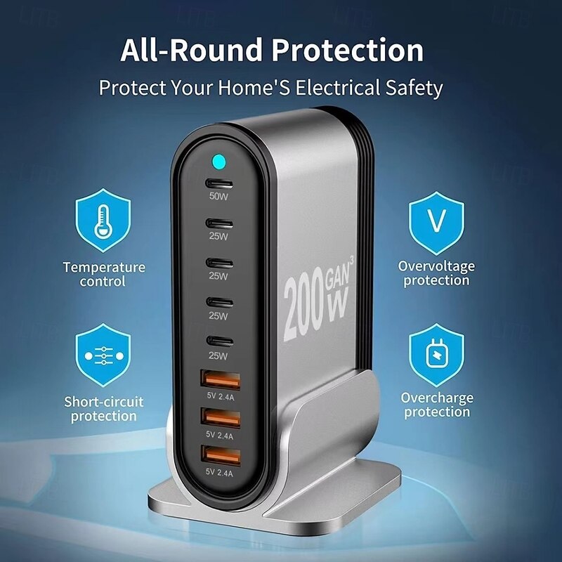 200W GaN Gallium Nitride PD Charger 5C3A Aluminum Alloy Desktop Stand Adapter 200W Multi-function Charger