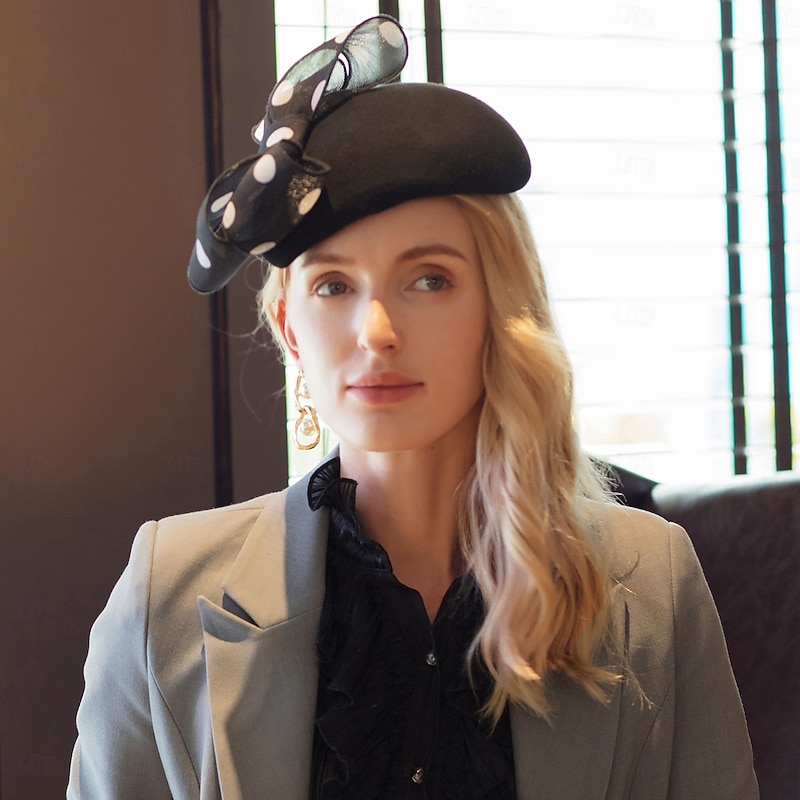Hats Wool Beret Hat Bowler / Cloche Hat Wedding Tea Party Elegant Wedding With Bowknot Polka Dot Headpiece Headwear