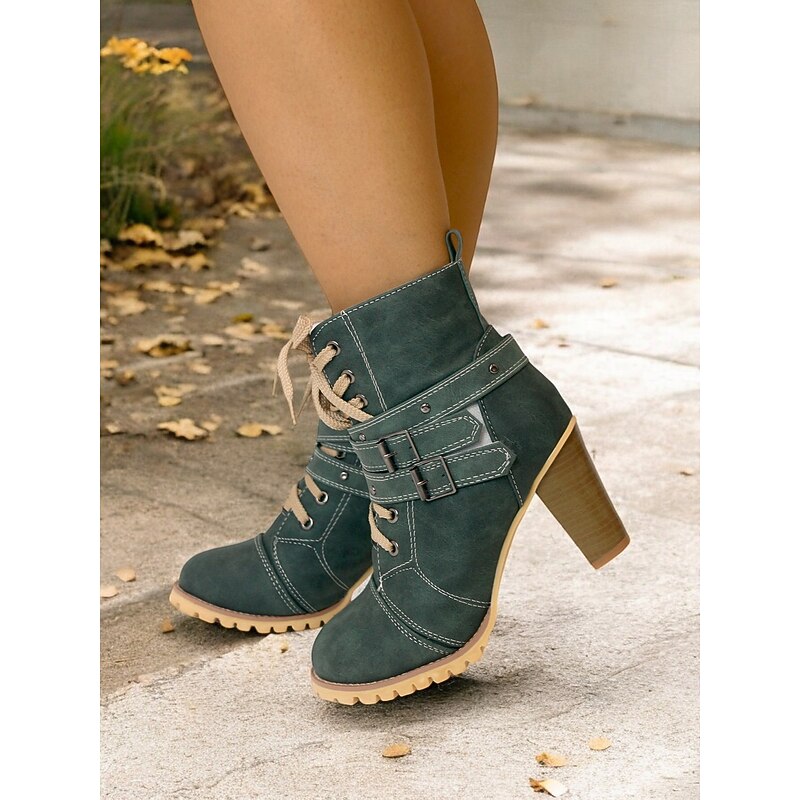 Women's Green Buckle Strap Lace-Up Ankle Boots – Chunky Heels and Rugged Sole for Casual and Fall/Winter Fashion2