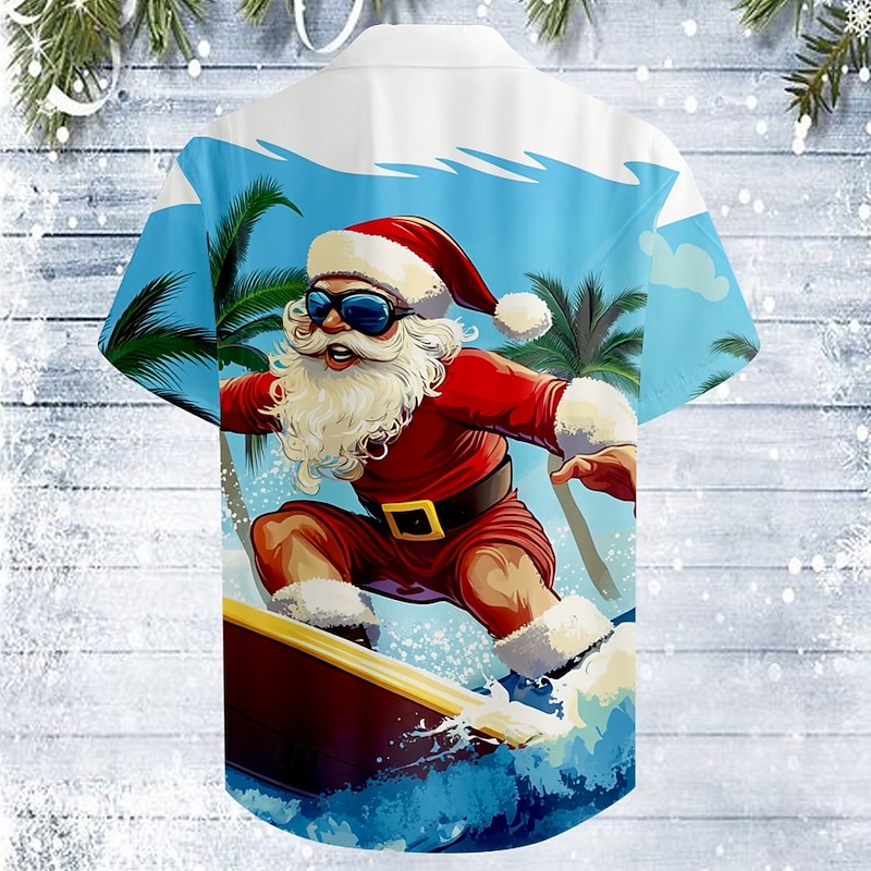 Christmas Men's Santa Claus Surfing Shirt Short Sleeve Hawaiian Casual Daily Holiday Festival Summer Cuban Collar Print Button-Down Blue2
