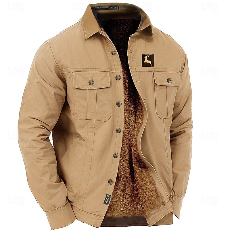 Men's Animal Reindeer Work Shirt Western Shirt Cargo Shirt Long Sleeve Casual Sports & Outdoor Going out Fall Winter Turndown Print Army Green Khaki