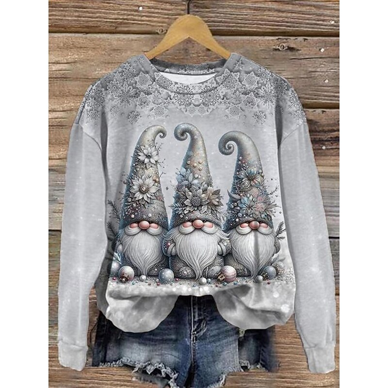 Women's Sweatshirt Winter Holiday Gnome Print Long Sleeve Crew Neck Snowflake Pattern Festive Casual Comfort Gray Blue Multi-size