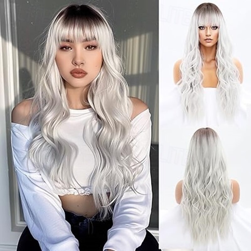 Long Wavy Wig with Bangs for White Women Natural Looking Female Wigs With Dark Roots Synthetic Fiber Hair Wig for Daily Party Use Chest Length Curly Wig