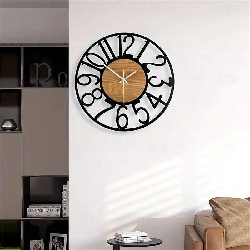 Wall Clock Art Simple Clock Outdoor Clock 16inch Iron Art Wooden Roman Numerals Large Outdoor Clock Retro Open Face Silent Quartz Battery Operated Decor Clock