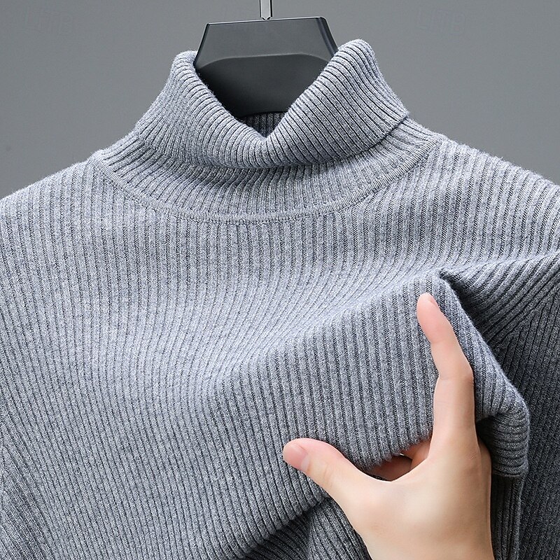 Men's Pullover Sweater Jumper Knit Sweater Ribbed Knit Regular Knitted Plain Turtleneck Fashion Casual Daily Wear Date Clothing Apparel Fall & Winter Wine Black S M L2