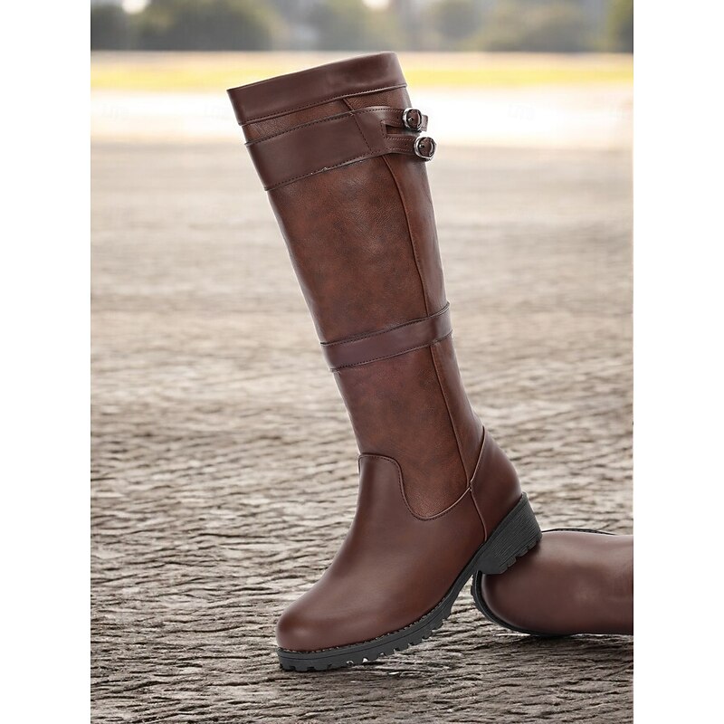 Women's Brown Knee-High Riding Boots with Buckle Detail - Durable Outdoor Footwear for Fall and Winter2