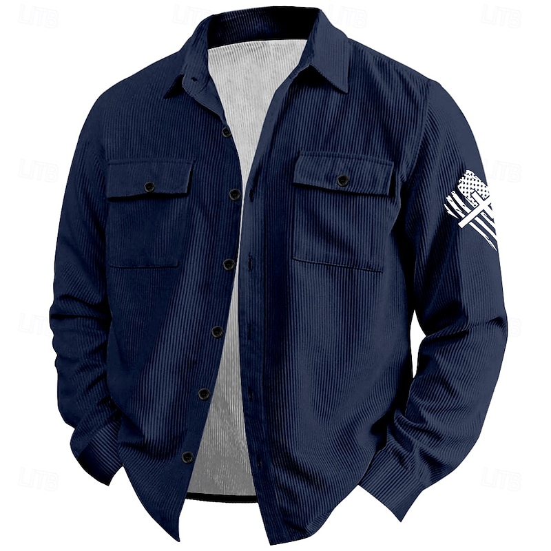 Christmas Men's American US Flag Patriotic Corduroy Shirt Shirt Jacket Overshirt Long Sleeve Vintage Fashion Casual Outdoor Dailywear Holiday Fall & Winter Turndown Collared Shirts Buttons 3D Print 22