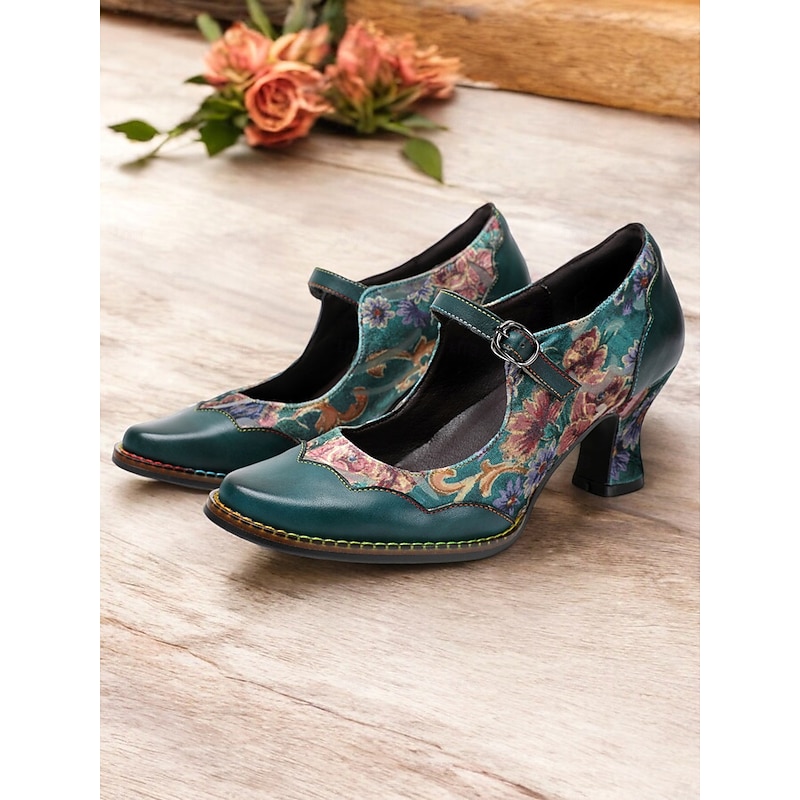 Women's Vintage Floral Mary Jane Heels - Green Leather with Floral Patchwork, Adjustable Strap, Mid Heel, Perfect for Retro Style and Special Occasions