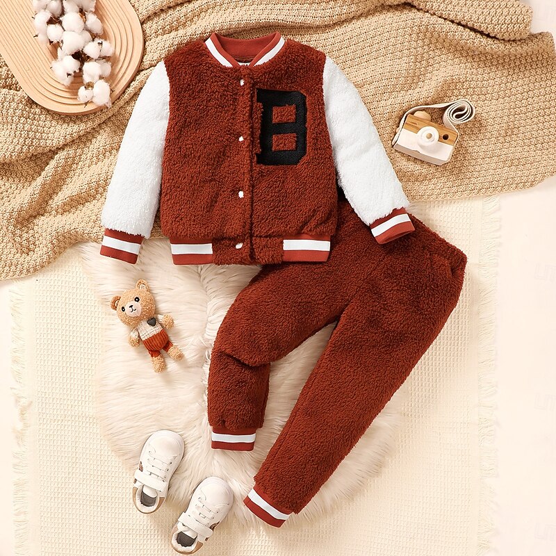 2 Pieces Toddler Boys Hoodie & Sweatpants Set Outfit Letter Long Sleeve Patchwork Set School Fashion Daily Fall Winter 4-7 Years Brown