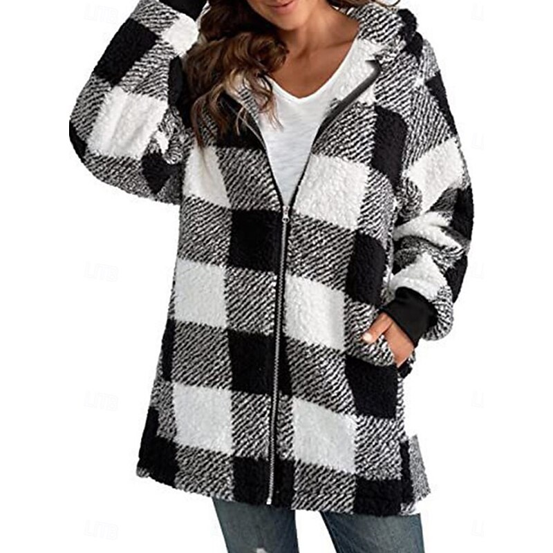 Women's Down Vest Sherpa Jacket Coat Outdoor Street Daily Wear Fall Winter Regular Coat Regular Fit Thermal Warm Breathable Stylish Casual Jacket Long Sleeve Stripes and Plaid with Pockets Full Zip2