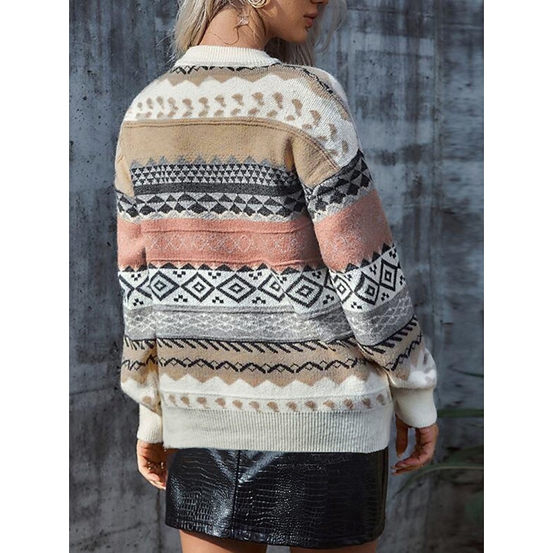 Women's Sweater Pullover Sweater Jumper Vintage Casual Soft Geometric Ribbed Crew Neck Knitted Long Sleeve Regular Tops Knit Outdoor Daily Weekend Pink Red Fall Winter2