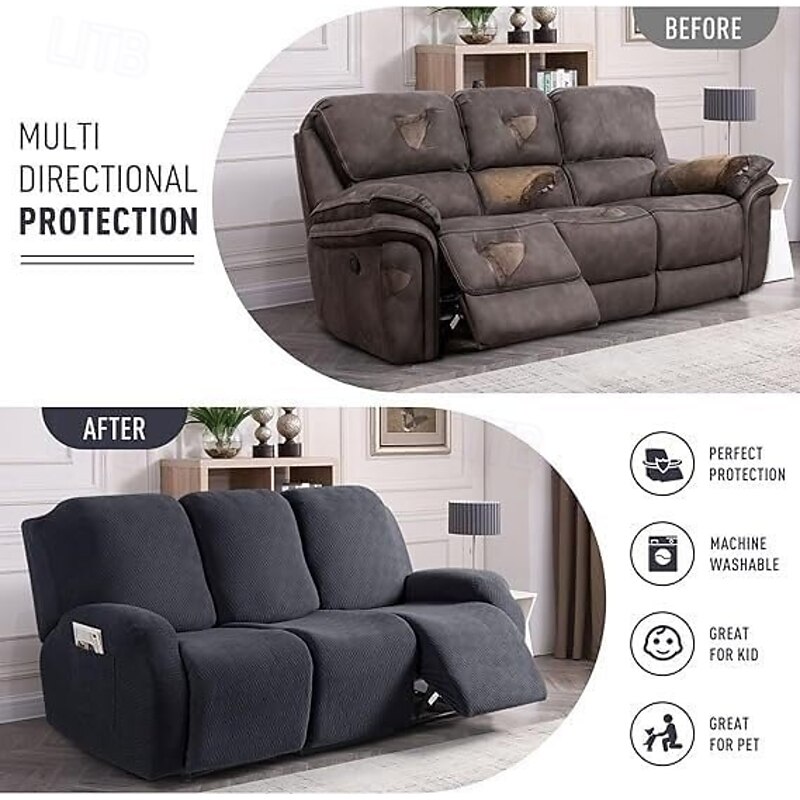Loveseat 3 Seater Burgundy Recliner Covers Cover for Large Reclining Chair Slipcover Seat Reversible Washable Protector with Elastic Adjustable Straps for Kids Pets2