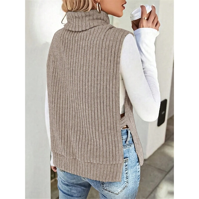 Women's Sweater Vest Casual Soft Solid Color Ribbed Turtleneck Split Knitted Sleeveless Regular Tops Knit Outdoor Daily Weekend Light Green Khaki Fall Winter 6