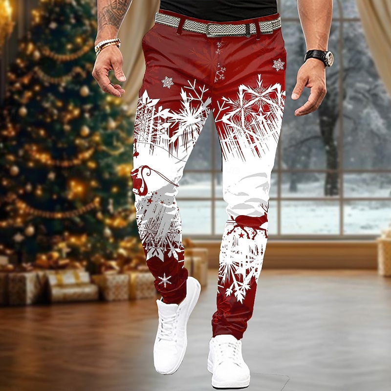 Christmas Men's Geometric Dress Pants Mid Waist Casual Party Evening Wear Dailywear Holiday Zipper Pocket Summer Spring Fall 3D Print Red Blue Green